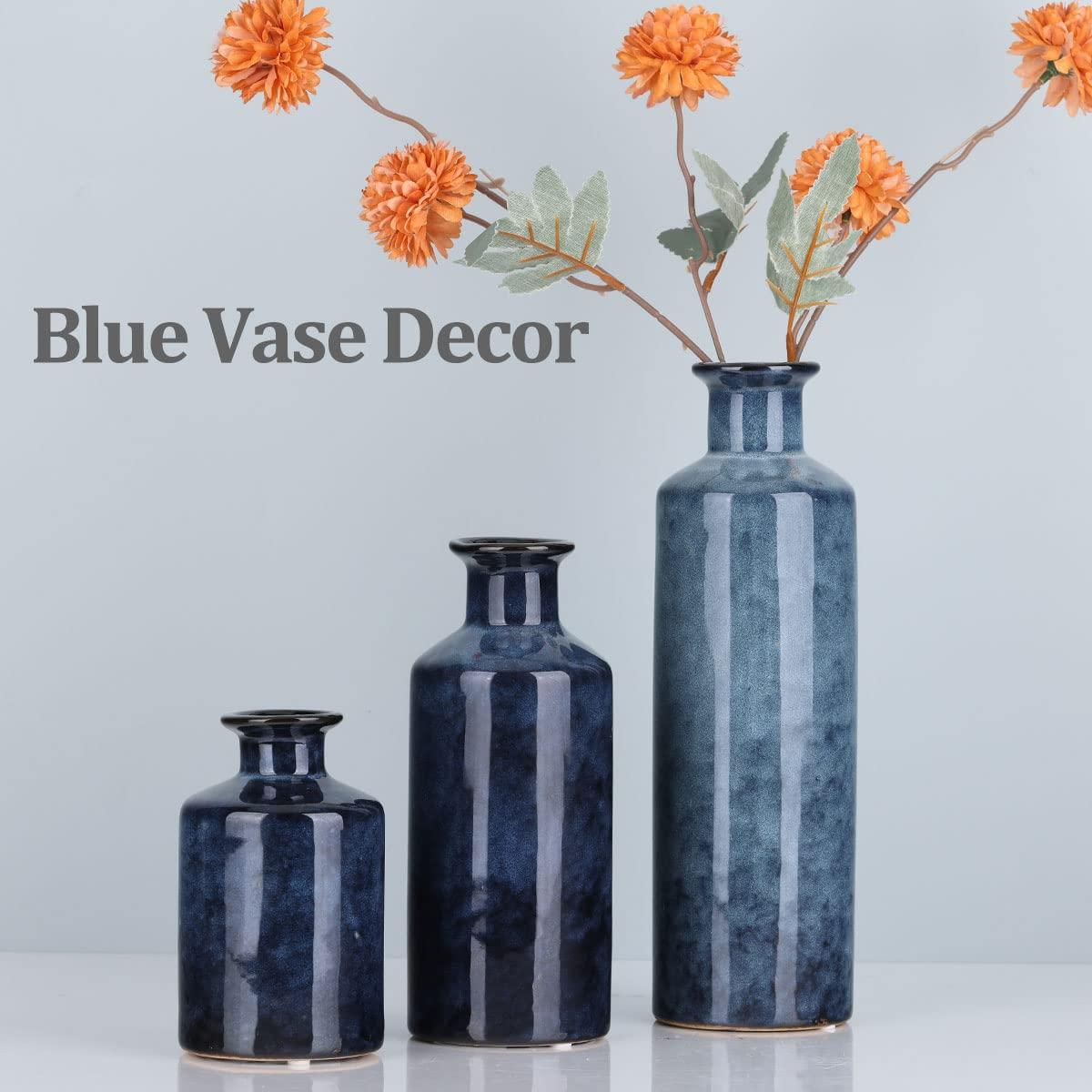 Blue Ceramic Vase Set for 3 - Modern Waterproof Small Vases, Farmhouse Country Home Decor, Living Room, Table, Fireplace, and Entrance Centerpieces