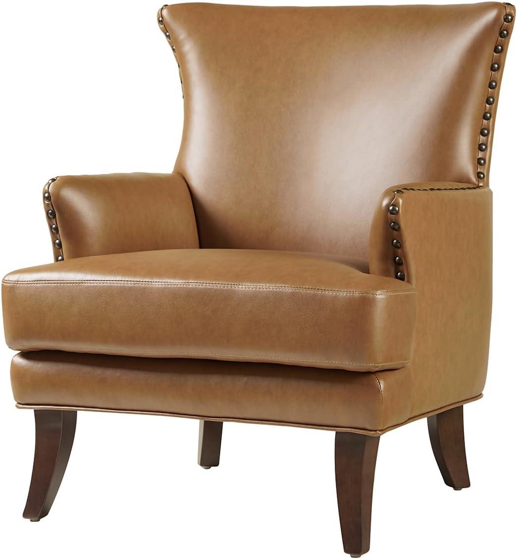 Camel Faux Leather Wingback Accent Chair with Nailhead Trim