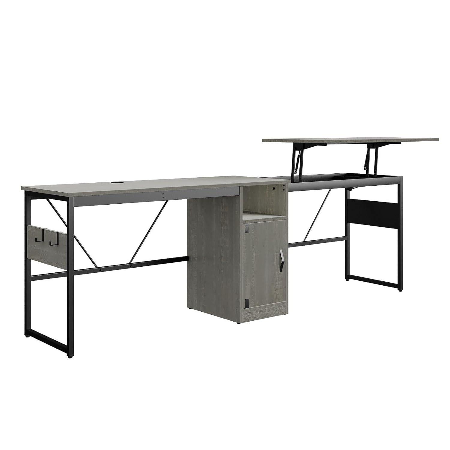 Bestier Reversible 60 inches L Shaped Computer Desk with Storage Cabinet Long Desk for 2 Person Wash Grey