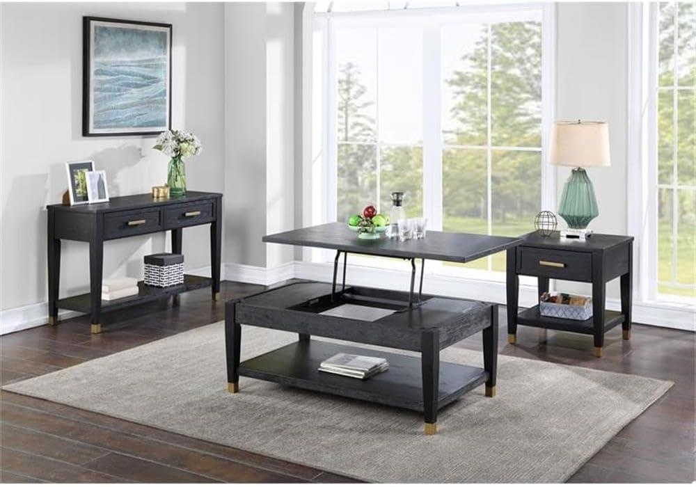 Charcoal and Brass Rectangular Wood Console Table with Storage