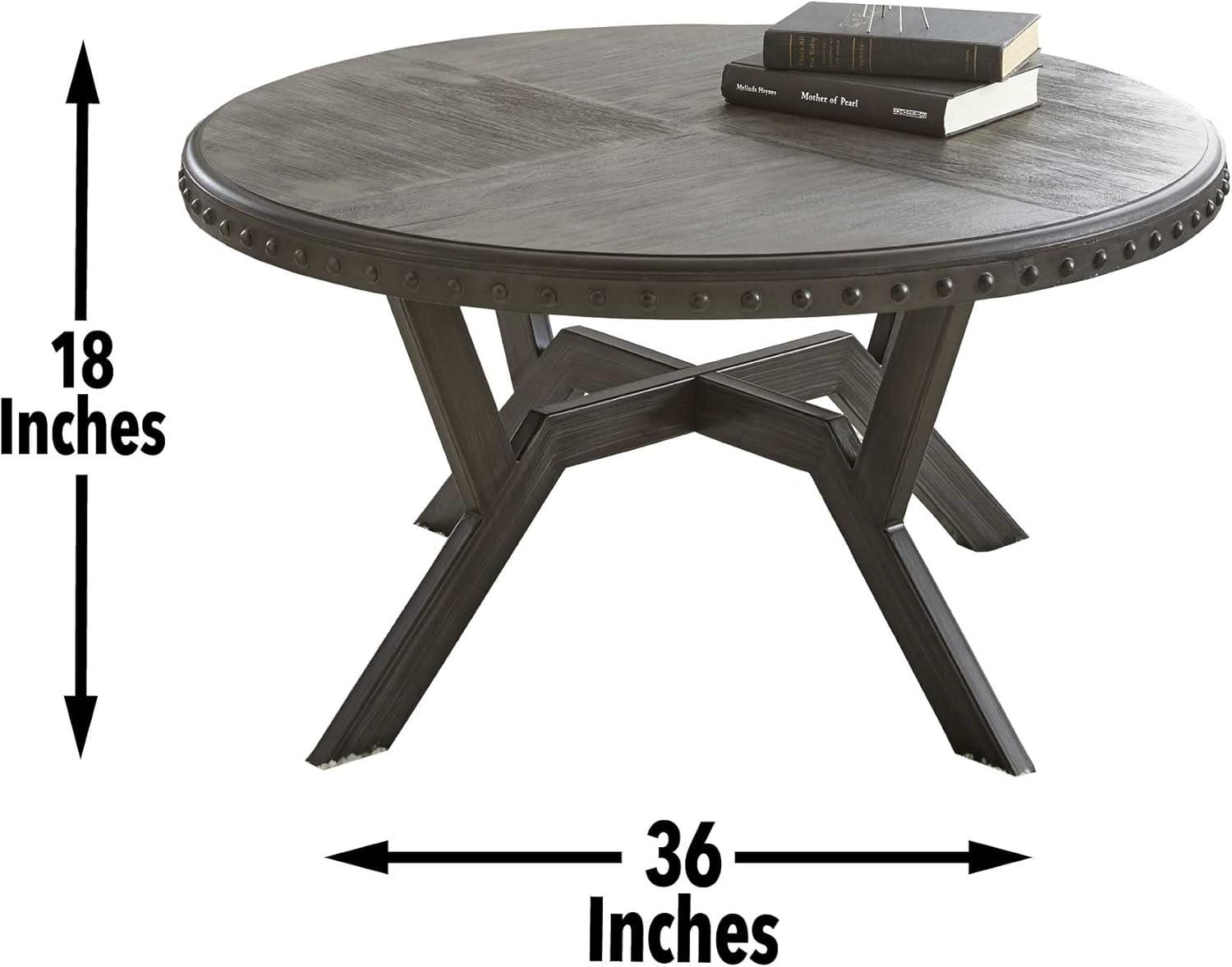 Gray Round Wood and Metal Coffee Table with Nailhead Trim