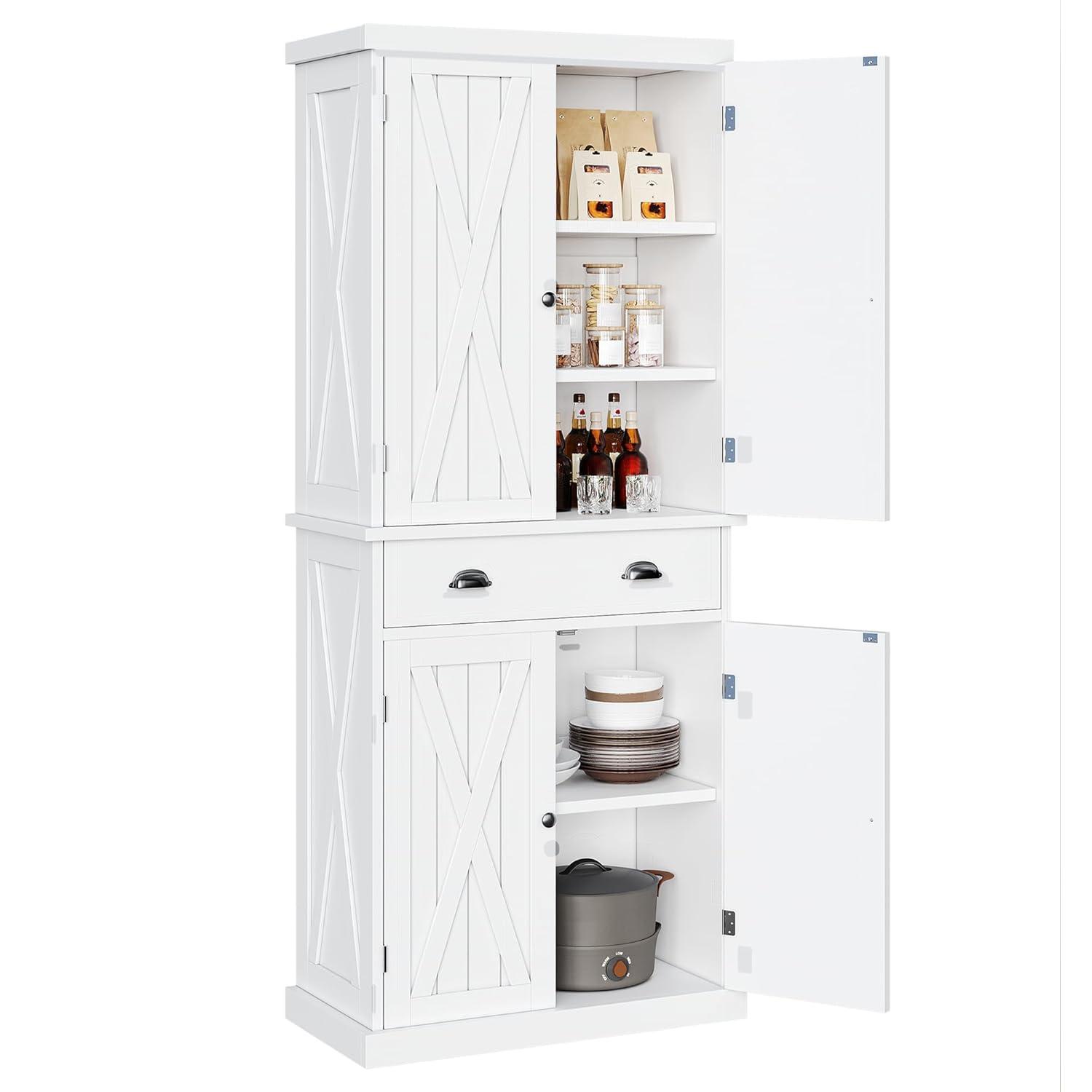 Gracie Oaks Sneyd 72" H Wood Farmhouse Kitchen Pantry Cabinet with Adjustable Shelves & Drawer