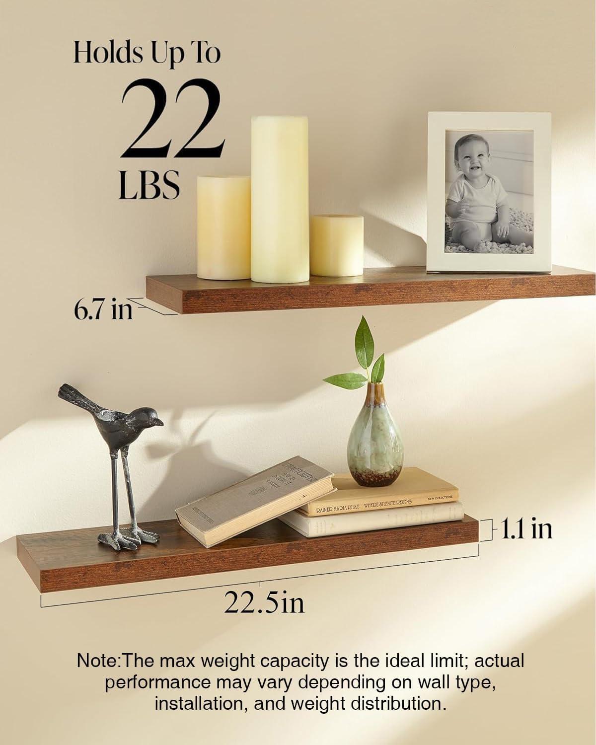 Rustic Brown Wood Floating Shelves with Invisible Brackets, Set of 2