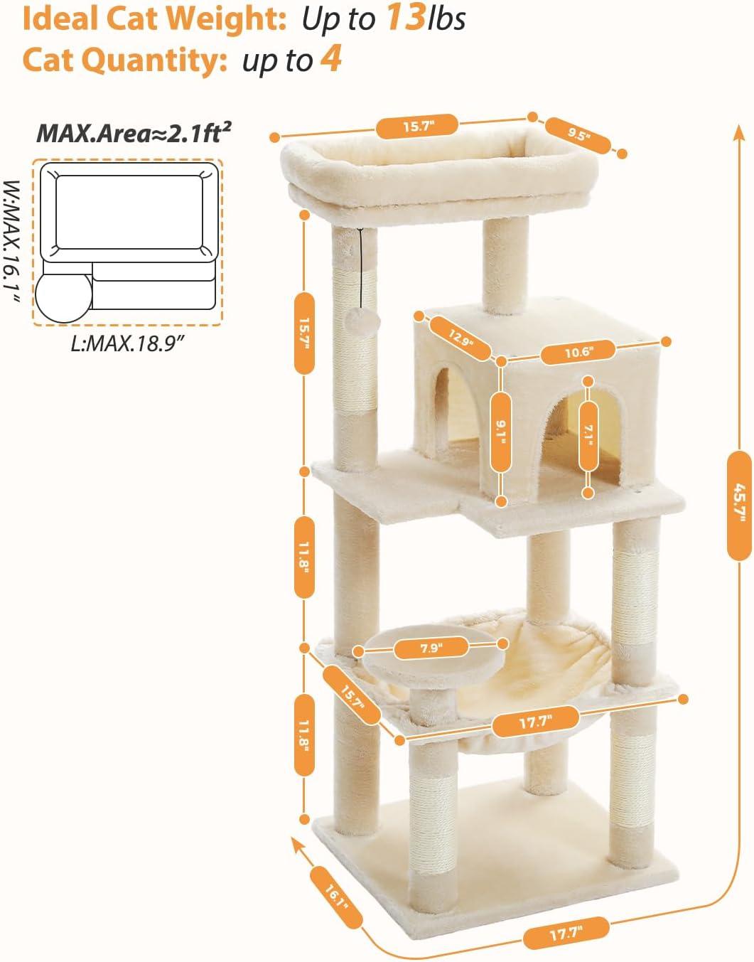 Beige 45.7" 5-Level Cat Tree with Sisal Posts and Hammock