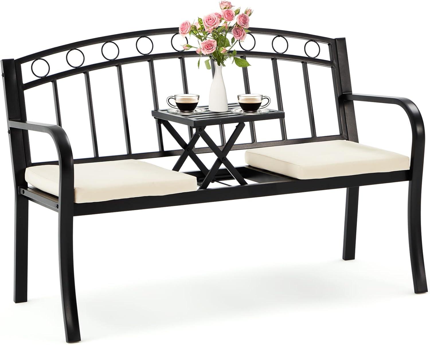 Black Metal 2-Seat Outdoor Bench with Pullout Table and Cushions