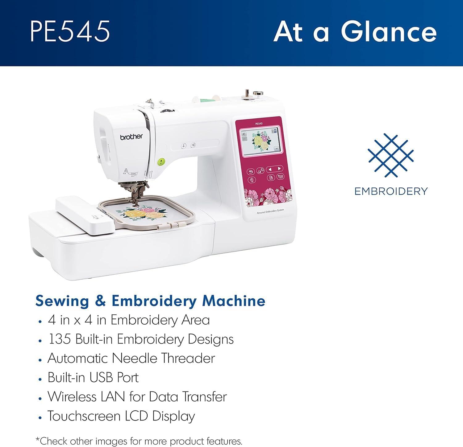Brother PE545 Embroidery Machine, Wireless LAN Connected and 135 Built-in Designs, Plus 100-Piece 75/11 Embroidery Needles