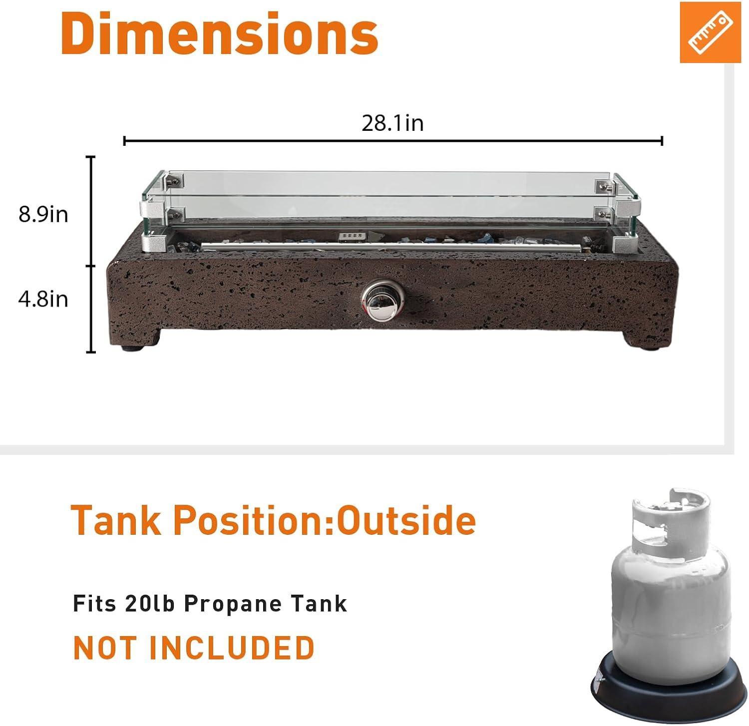 COSIEST 28" Tabletop Fire Pit, CSA Certified Outdoor Propane Fire Pit Table w Magnesium Oxide Rectangle Base, 40,000 BTU Stainless Steel Burner, Glass Rocks, Glass Wind Guard, Fits 20lb Tank Outside