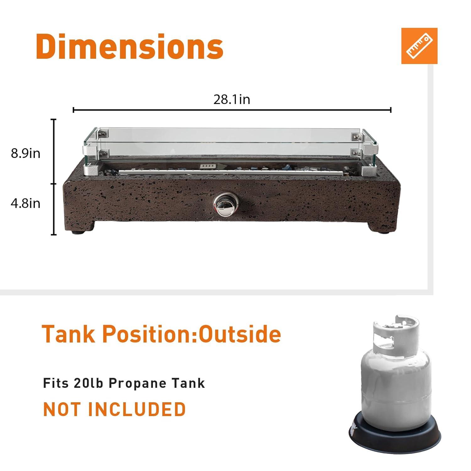 COSIEST 28" Tabletop Fire Pit, CSA Certified Outdoor Propane Fire Pit Table w Magnesium Oxide Rectangle Base, 40,000 BTU Stainless Steel Burner, Glass Rocks, Glass Wind Guard, Fits 20lb Tank Outside