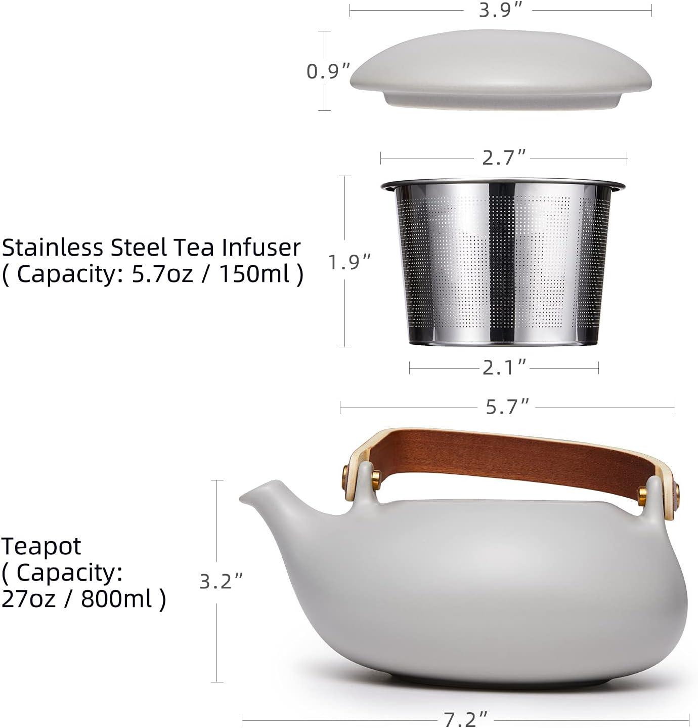 Matte Gray Ceramic Japanese Teapot with Wood Handle, 27oz