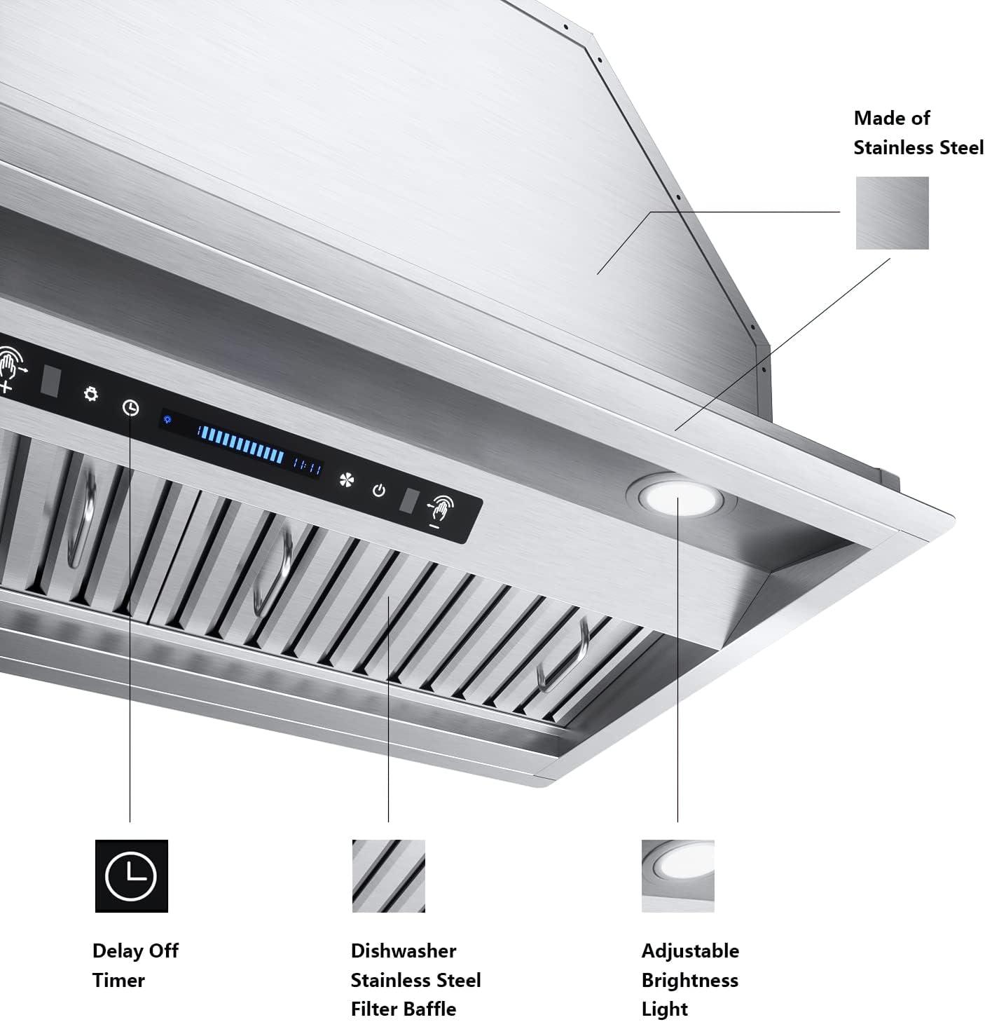 IKTCH 36 inch Built-in/Insert Range Hoods 900 CFM, Ducted/Ductless Convertible Duct, Stainless Steel Kitchen Vent Hood with 2 Pcs Adjustable Lights and 2 Pcs Baffle Filters with Handlebar