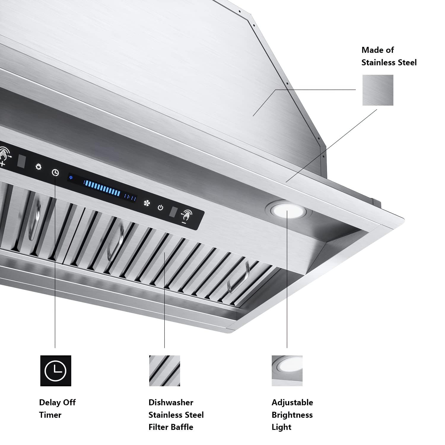 IKTCH 42 inch Built-in/Insert Range Hood 900 CFM, Ducted/Ductless Convertible Duct, Stainless Steel Kitchen Vent Hood with 2 Pcs Adjustable Lights and 3 Pcs Baffle Filters with Handlebar(IKB02-42'')