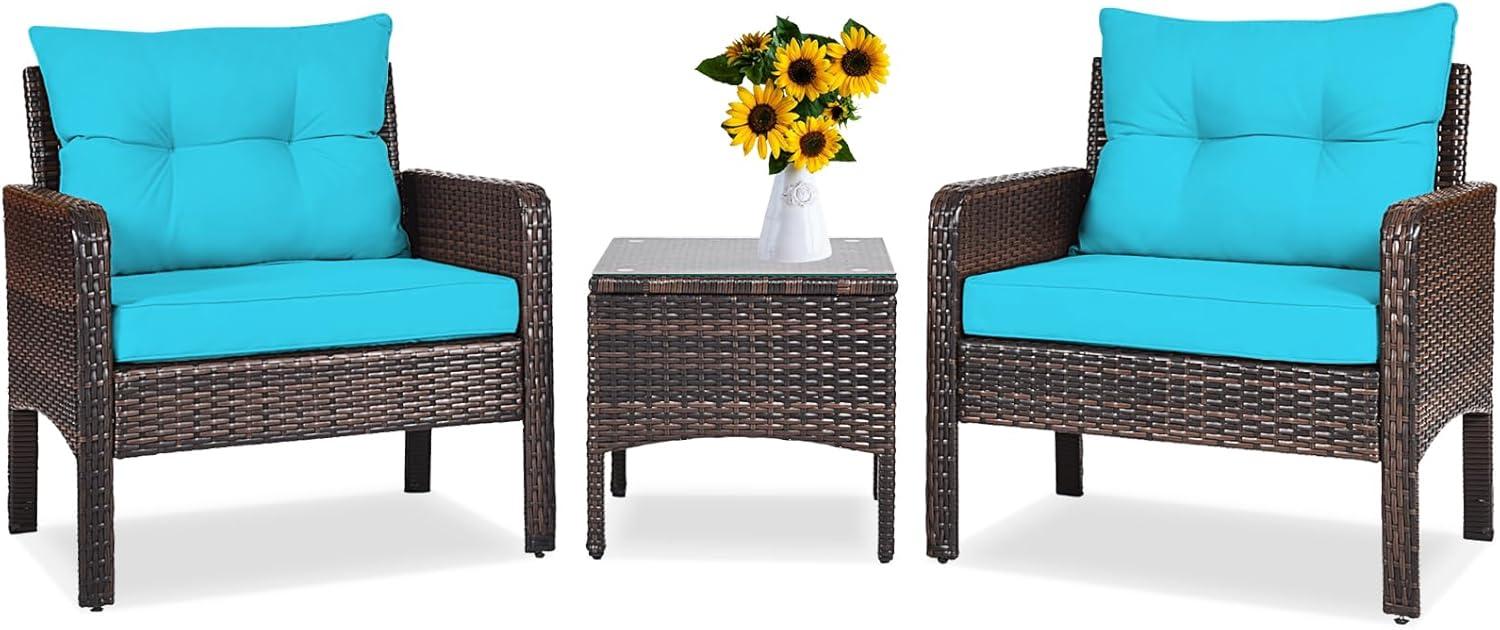 YYAo Garden Conversation Table Set, Conversation Loveseat Chairs Set, 3 Pcs Outdoor Patio Rattan Conversation Set with Seat Cushions-Turquoise