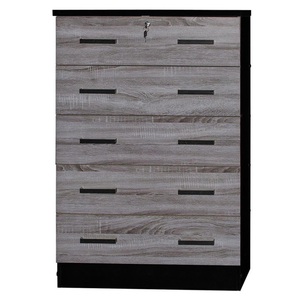 Cindy 5 Drawer Chest Wooden Dresser with Lock, Ebony Black