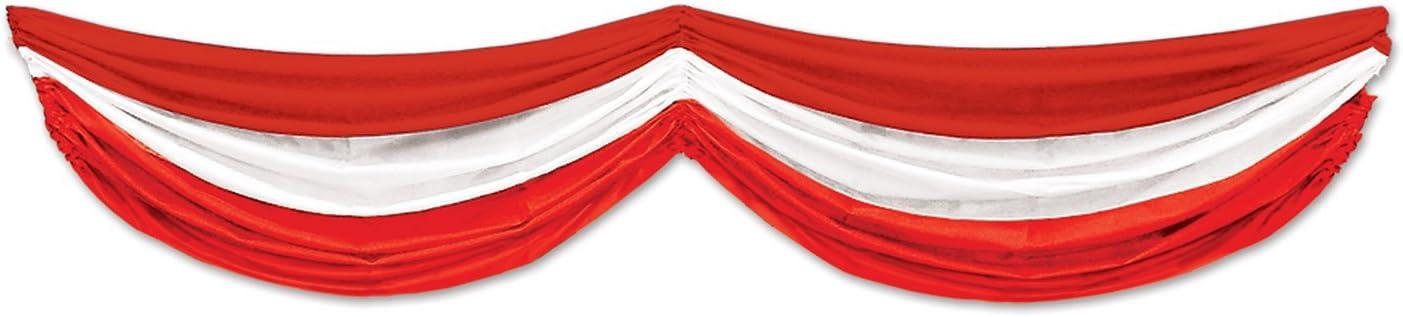 Beistle Red & White Fabric Bunting – Decoration with Drawstrings for Indoor Outdoor Use, Patriotic Porch Fence or Table Drape for Circus, Carnival, and Home Décor, 5' 10"