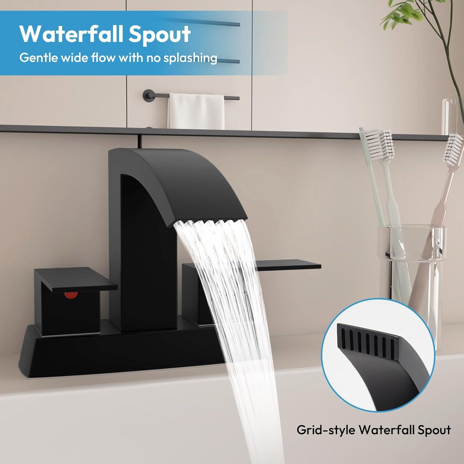 Matt Black Bathroom Sink Faucet 4 inch Bathroom Faucets for Sink 2-Handle Faucet with Pop-up Drain Vanity Faucet Modern