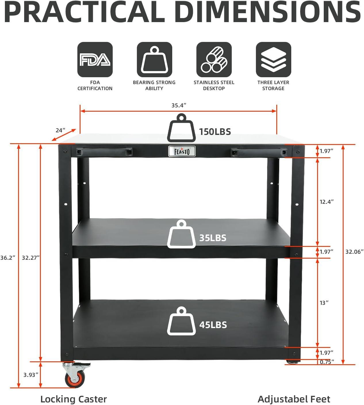 Feasto 3-Shelf Black and Stainless Steel Outdoor Kitchen Cart