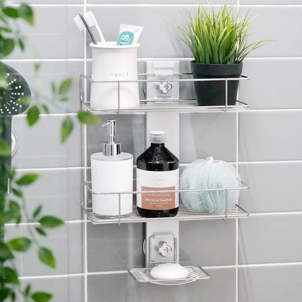 BATHBEYOND Shower Caddy Suction Cup Tier Shower Shelf - Adjustable Shower Caddy 400 Stainless Steel No-Drilling and Extra Adhesive Sticker for More Stronger Suction