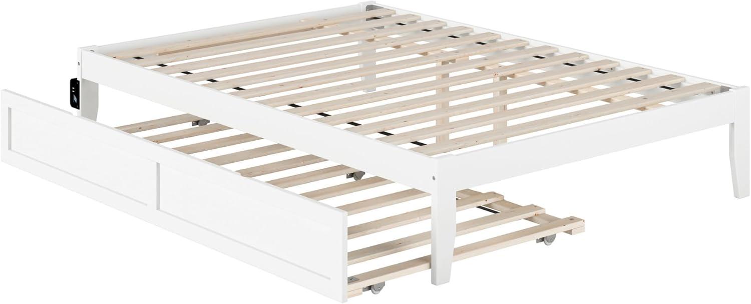 Elegant Full-Size White Platform Bed with Twin Trundle and USB Charging