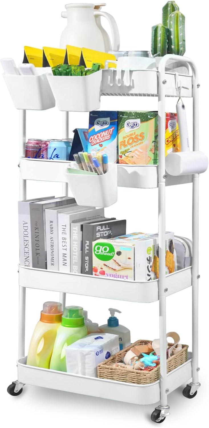 iMounTEK 4-Tier Rolling Utility Cart with Drawer, Multifunctional Storage Organizer with Lockable Wheels, Storage Cart for Kitchen,Bathroom,Living Room,Office, White