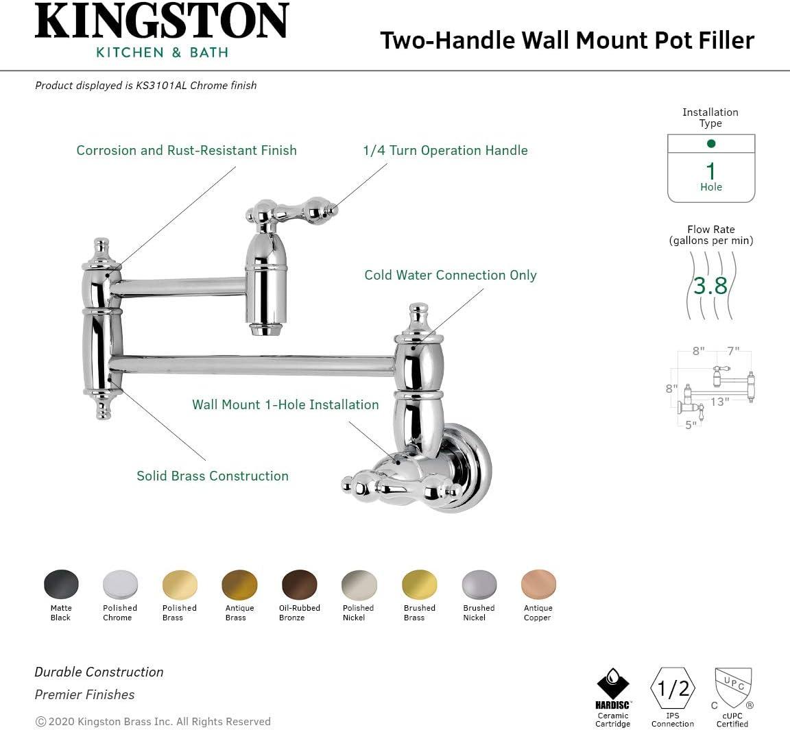 Kingston Brass Restoration Two-Handle 1-Hole Wall Mount Pot Filler Faucet