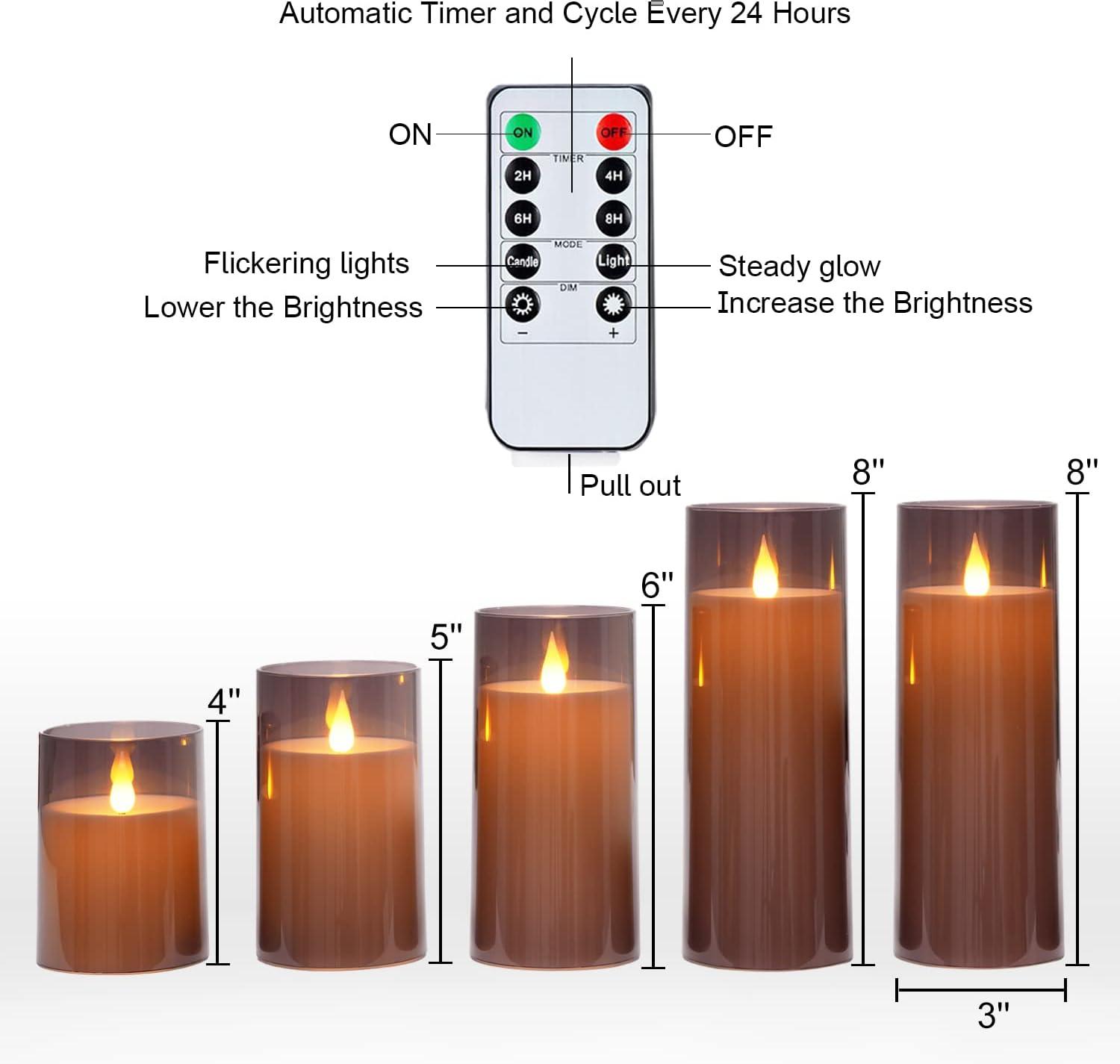 Flameless Candles with Remote and Timer - Set of 5 Grey LED Pillar Candles Battery Operated, Realistic Flickering Flame, Acrylic Shell for Safety Perfect for Weddings, Home Decor, and More!