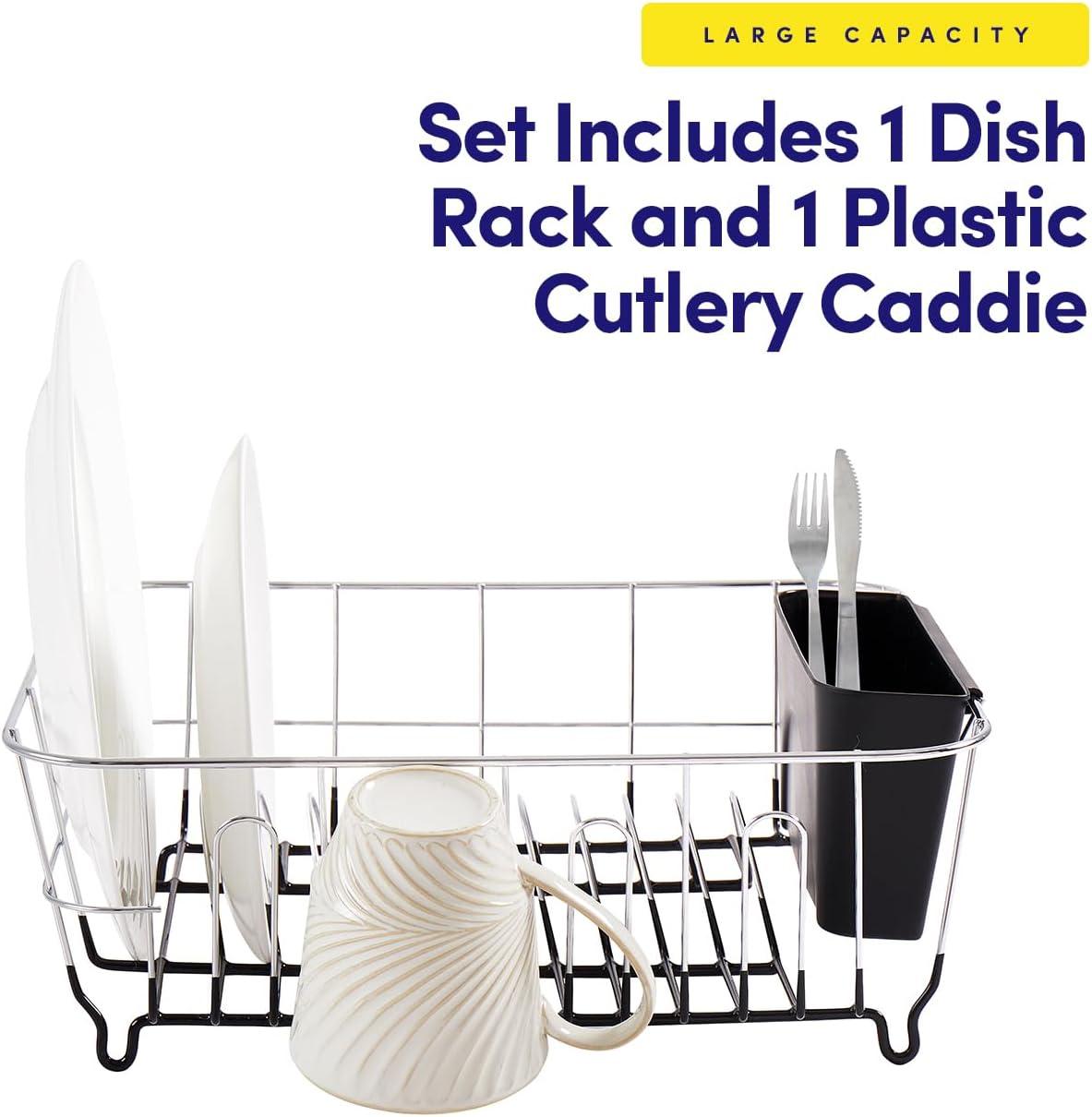 Compact Black and Chrome Dish Drying Rack with Utensil Cup