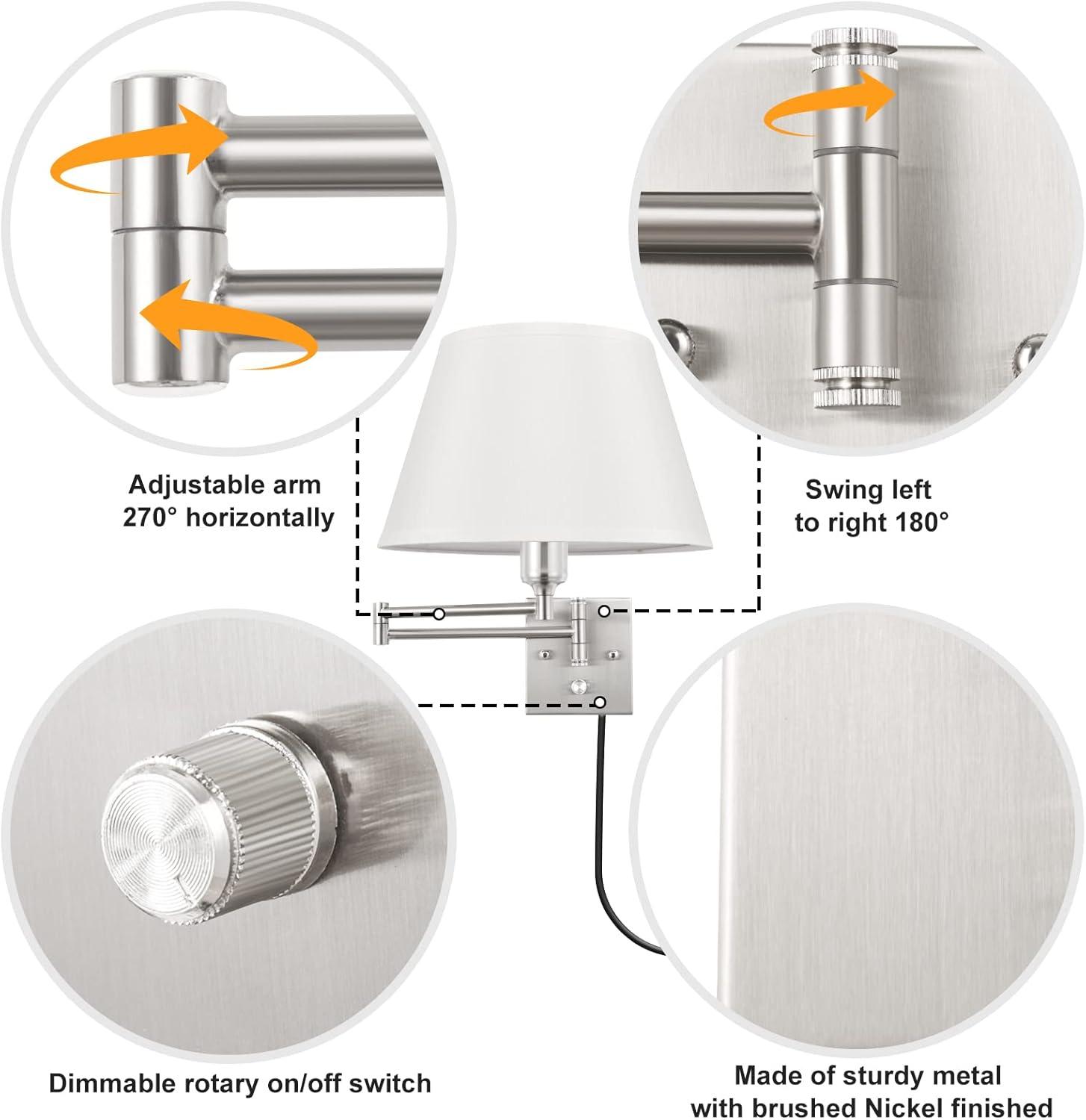 Brushed Nickel Swing Arm Wall Sconce with White Fabric Shade