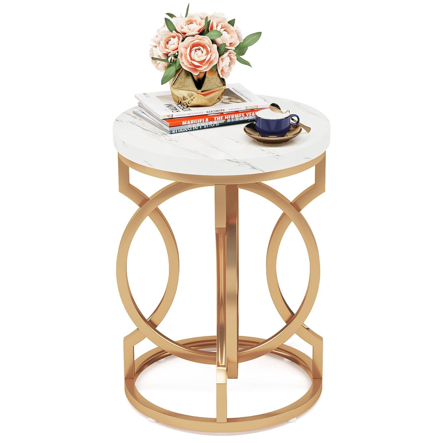 Tribesigns Morden Round End Table with Faux Marble White Top, 20" Sofa Side Table Coffee Table Cocktail Table with Unique Gold O-shaped Base for Living Room Bedroom