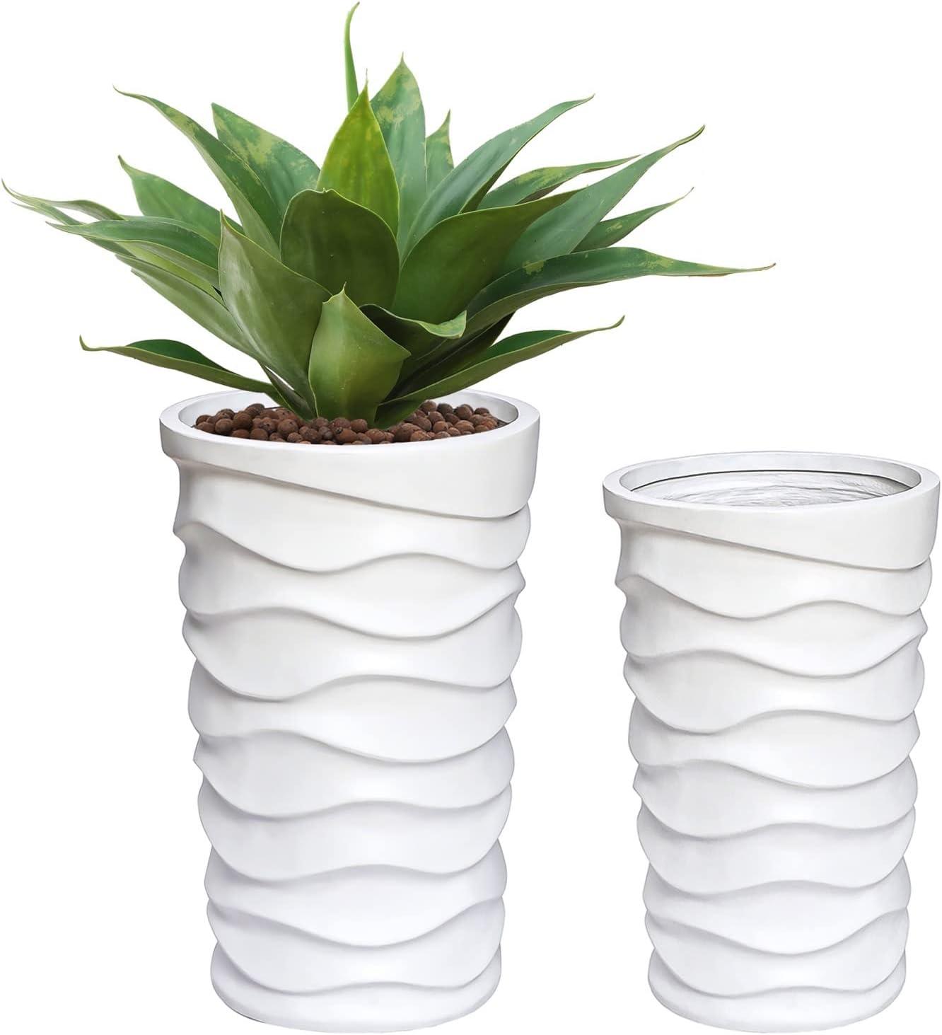 LuxenHome Planters for Outdoor Plants, Set of 2 Garden Plant Pots Indoor Outdoor, MgO Planting Flower Large Pot Planters, White Balcony Tall Planter