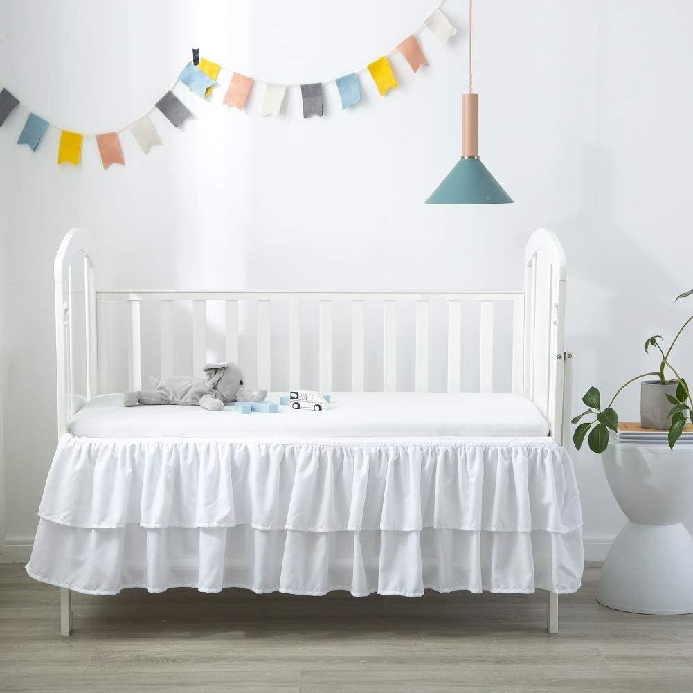 shuoli White Ruffled Crib Bed Skirt Double Layer Nursery Toddler Dust Ruffle Bedding Skirt 14" Deep Drop