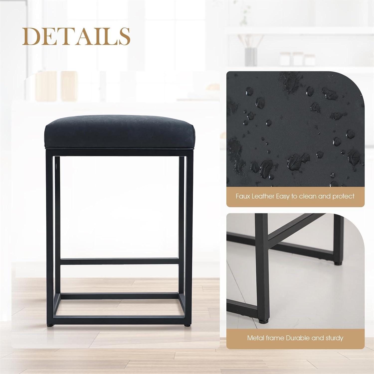 Lorelia Set of 2 Black 24 Inch Backless Counter Bar Stools Faux Leather Seat for Kitchen