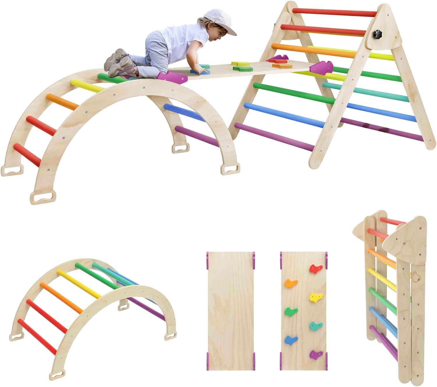 Pikler Triangle Set, 5 in 1 Toddler Climbing Toys Indoor Playground, Ramp, and Arch, Montessori Climbing Set with Triangle, Medium Size Wooden Climbing Gym for Toddlers 1-3 Years, Colorful