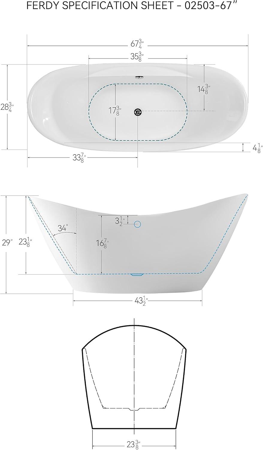 FerdY Boracay 67" Acrylic Freestanding Bathtub With Chrome Drain