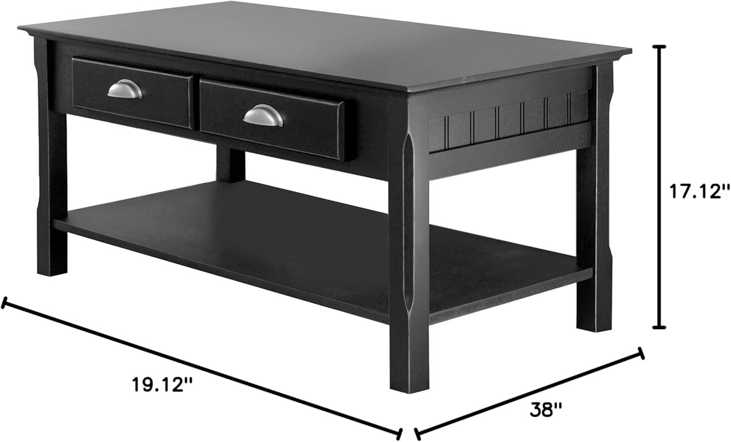 Timer Coffee Table, Drawers and Shelf - Black - Winsome: Solid Wood, Chrome Handle Accents