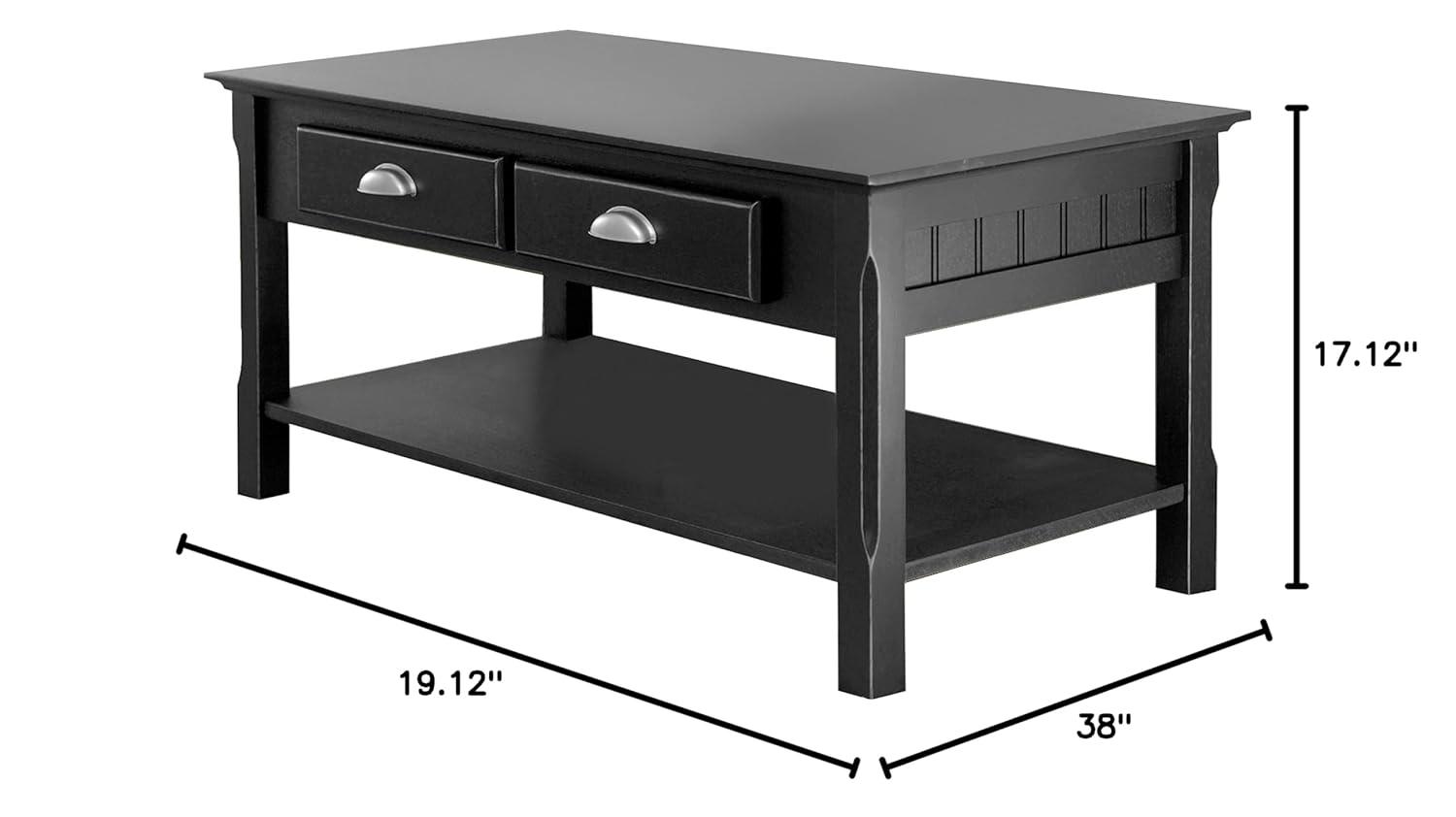 Timer Coffee Table, Drawers and Shelf - Black - Winsome: Solid Wood, Chrome Handle Accents