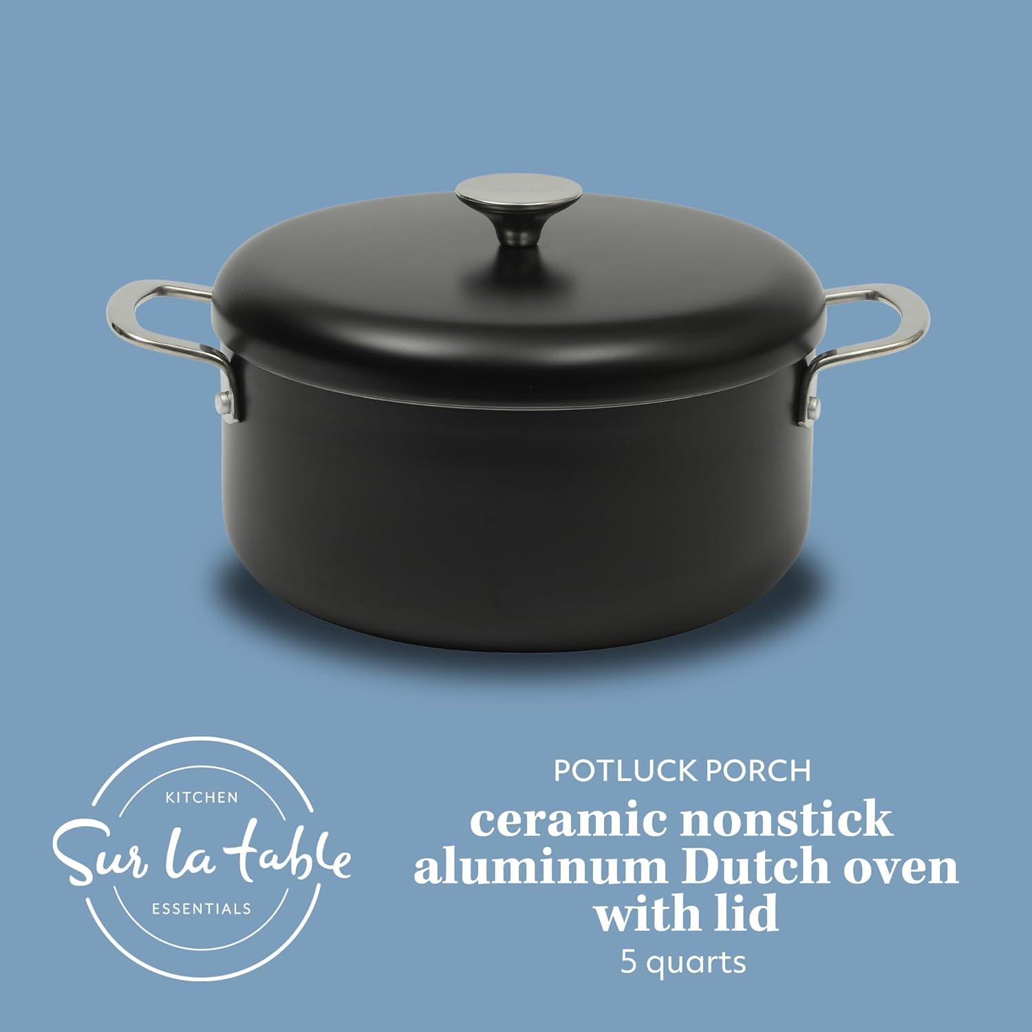 Sur La Table Kitchen Essentials Sur La Table Kitchen Essentials Potluck Porch Aluminum Dutch Oven Pot With Aluminum Lid PFA FREE Ceramic Interior Cookware Pot - Induction - Black