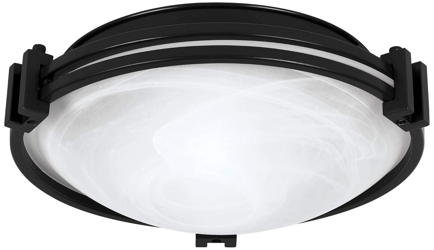 Possini Euro Design Deco Modern Ceiling Light Flush Mount Fixture 12 3/4" Wide Black 2-Light Marbleized White Glass Bowl Shade for Bedroom Kitchen