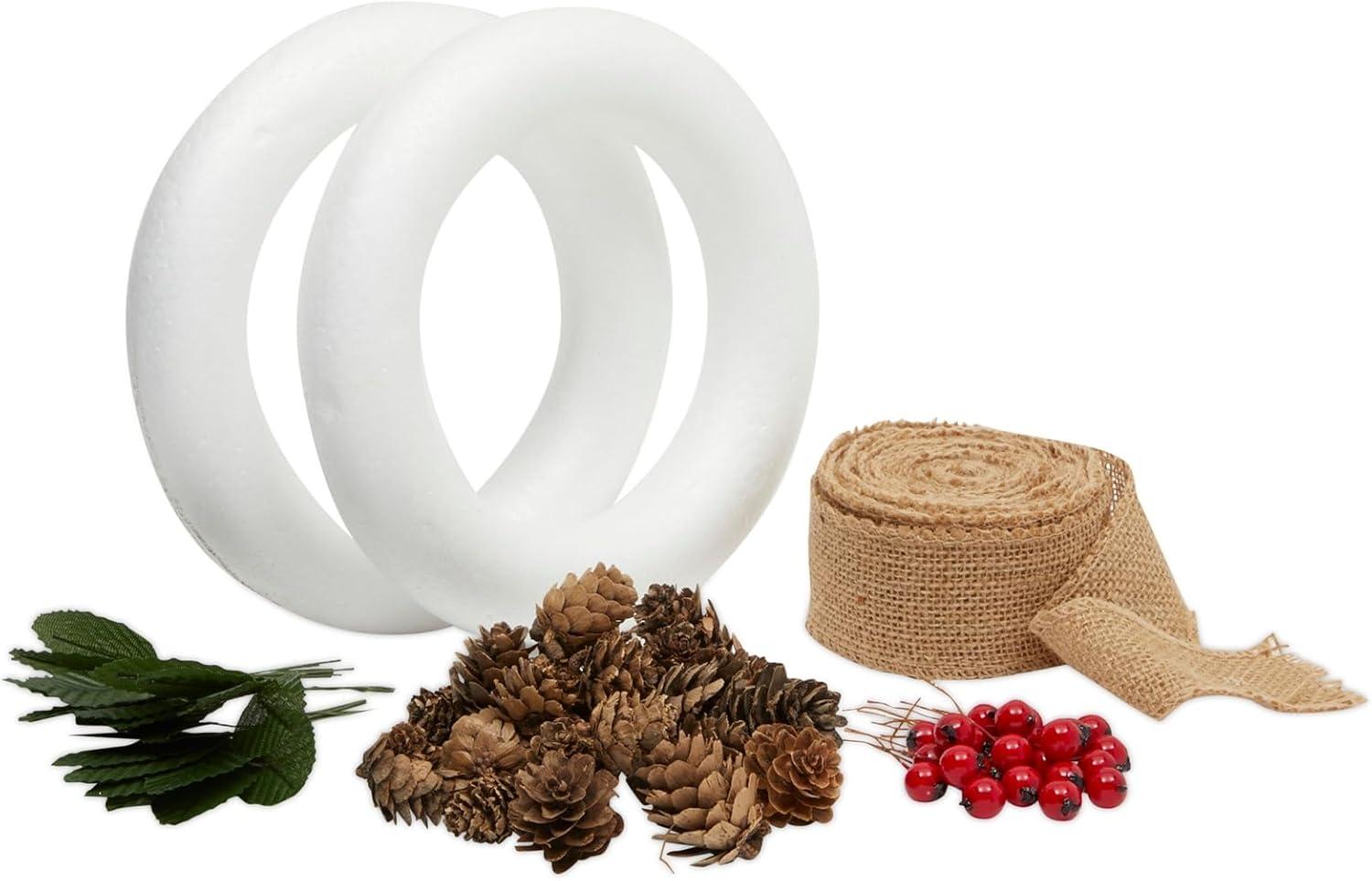 Bright Creations 75 Pieces Craft Foam DIY Wreath Forms, Pinecones, Berries, Leaves, Burlap Ribbon, 8 In