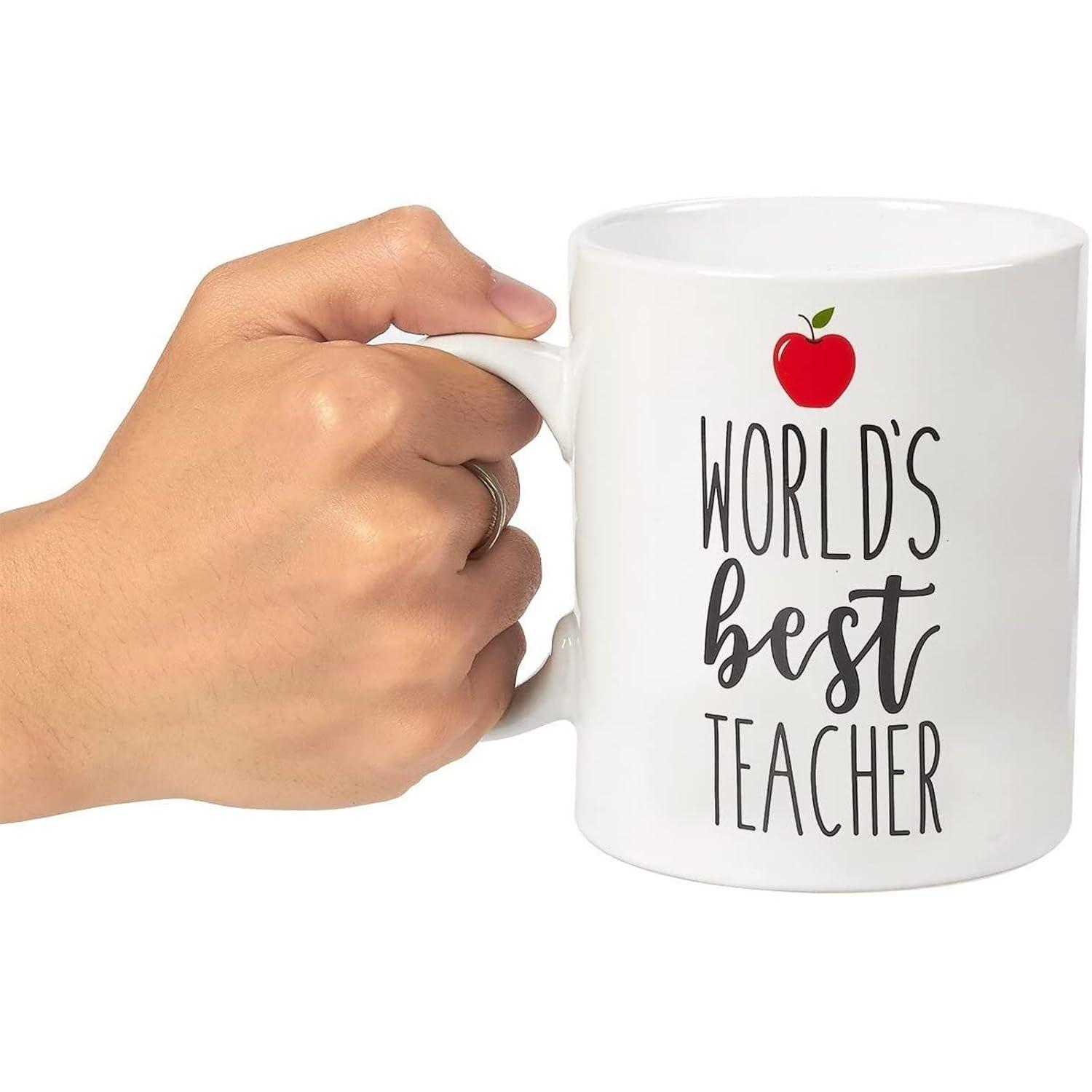 Blue Panda Large World's Best Teacher Coffee Mug White Ceramic Cup - Novelty Appreciation Gift for Teachers, Women, Men (16 oz)