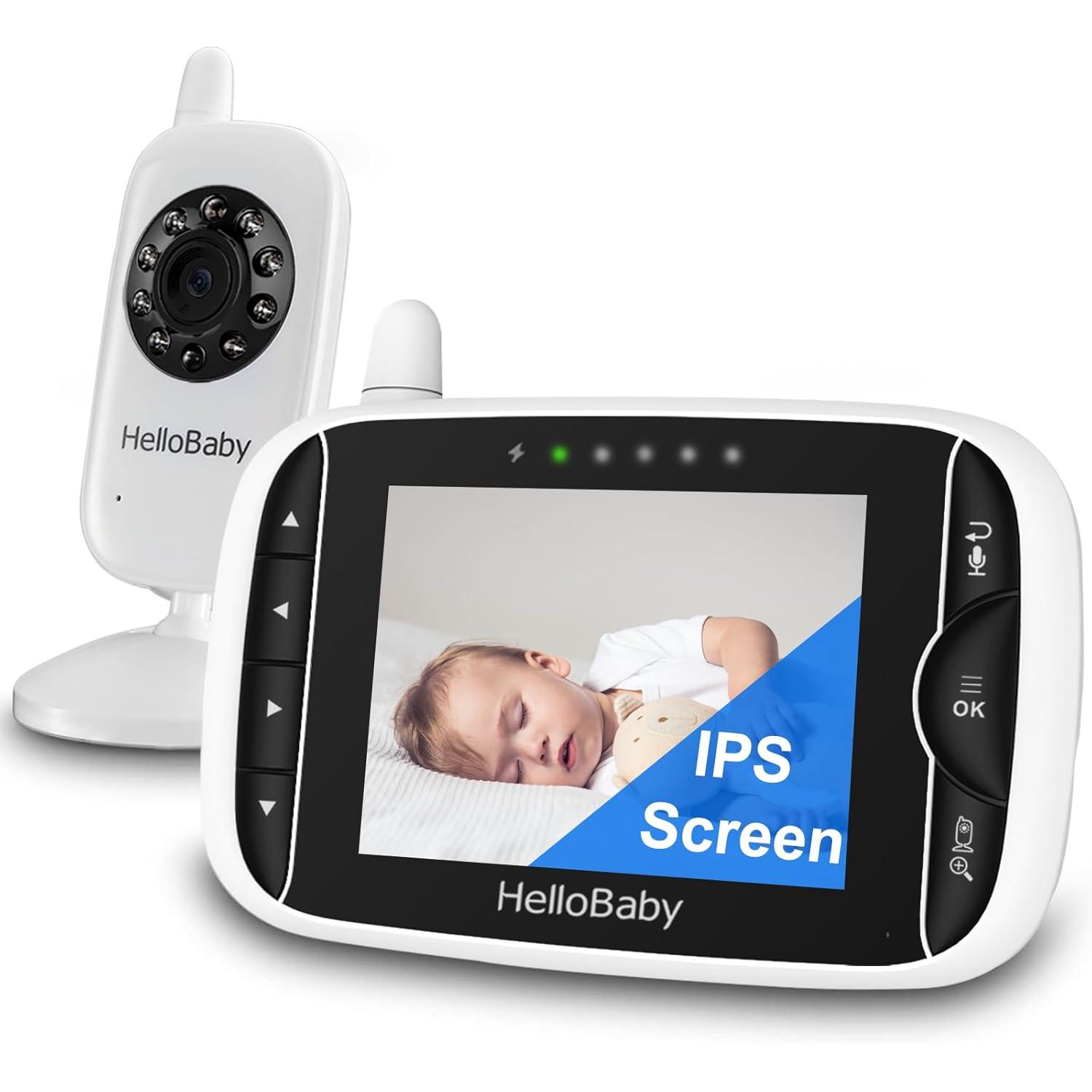 Video Baby Monitor with Camera and Audio, 3.2Inch LCD Display, Infrared Night Vision, Two-Way Audio and Room Temperature Monitoring,Lullaby,Sound Activated Screen HB