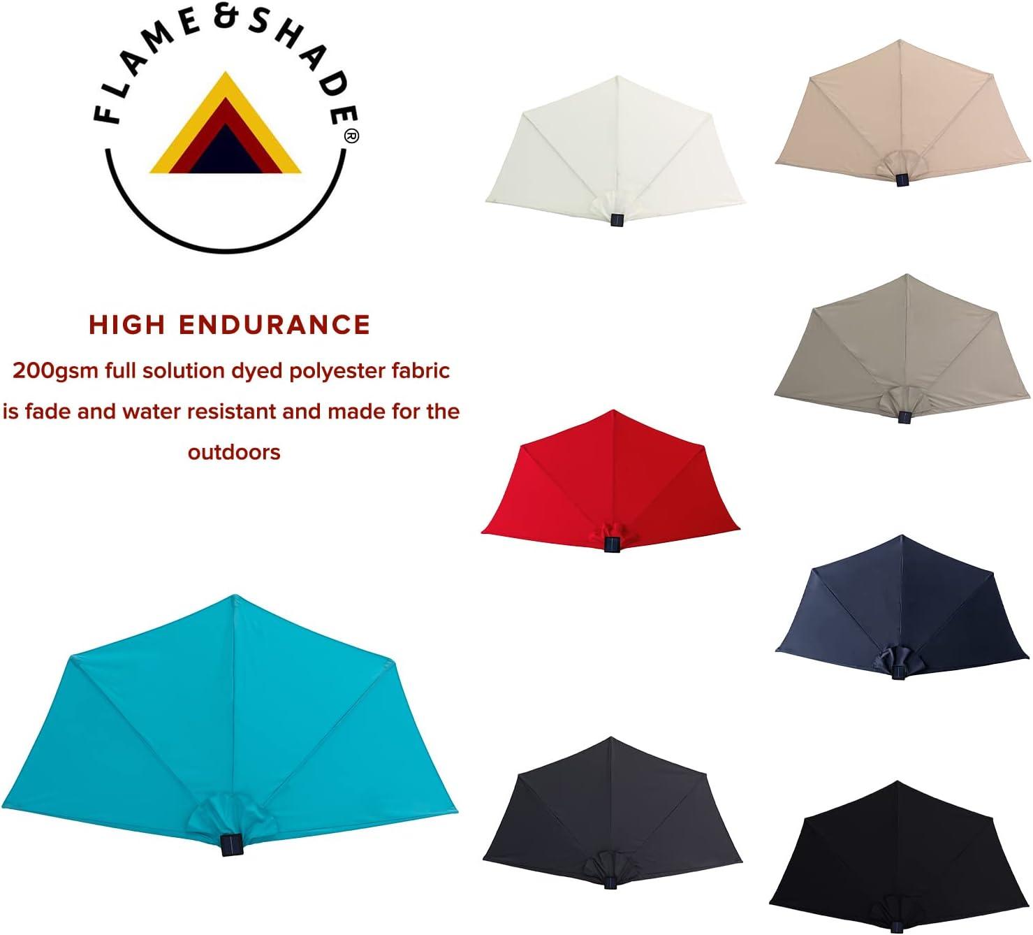 FLAME&SHADE 9 ft Half Round Solar Powered Outdoor Market Patio Table Umbrella for Wall Balcony with LED Lights and Tilt, Aqua Blue