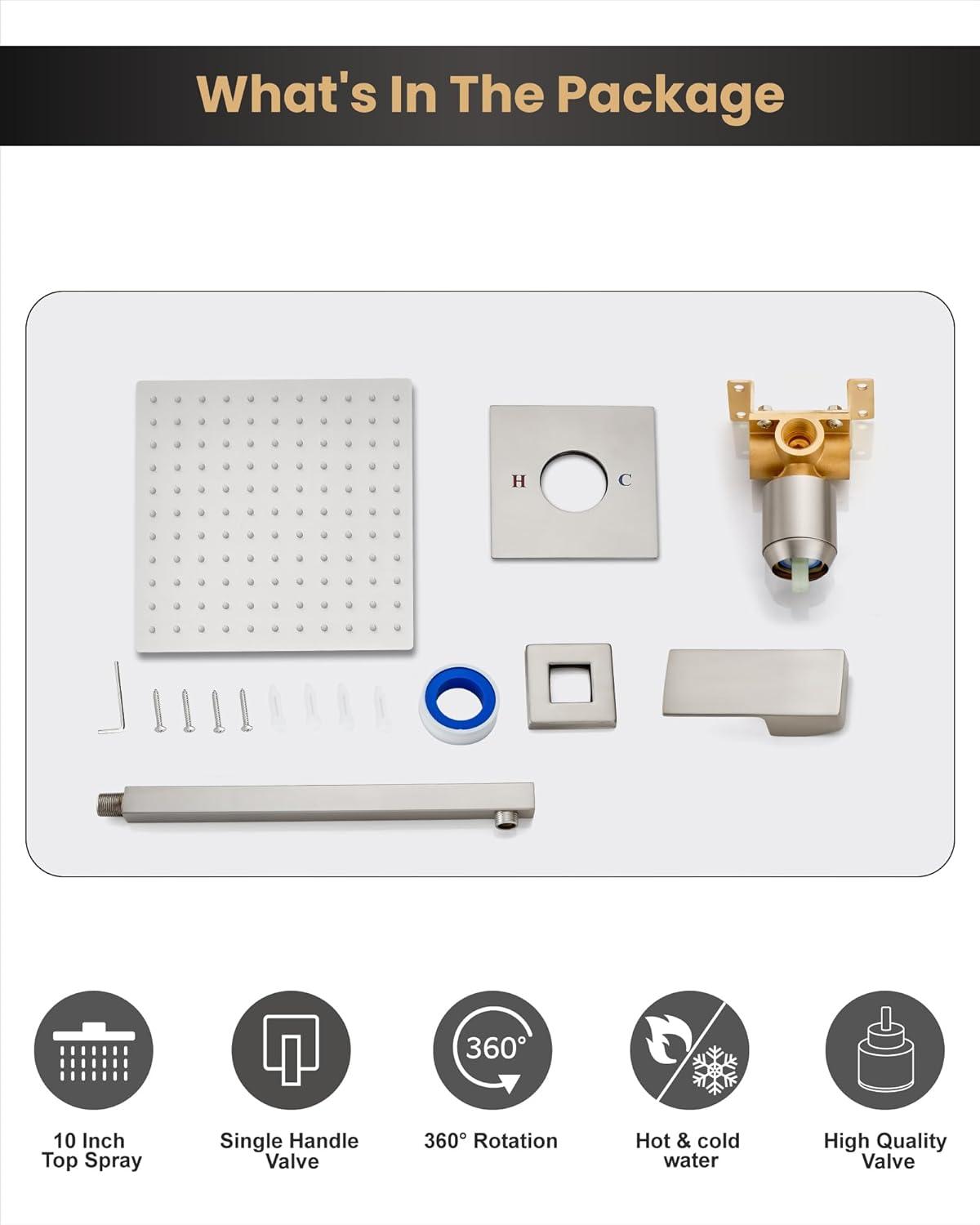 AWZTOO 10 Inch Wall Mount Shower System WIth Rough-in Valve Bathroom Shower Faucet Modern Rainfall Shower Head Combo Set Brushed Nickel Brushed,