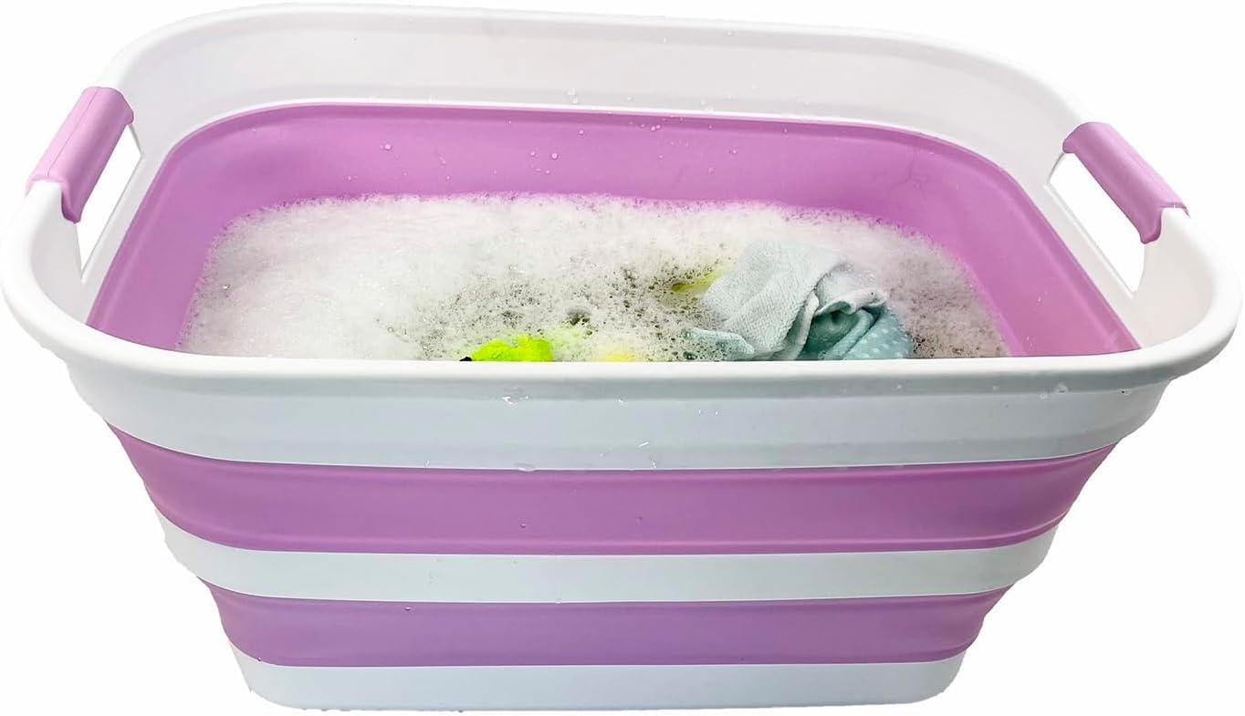 SAMMART 27L (7.1 Gallons) Collapsible Plastic Laundry Basket with Dual Grip Handle, White/Pale Purple/White