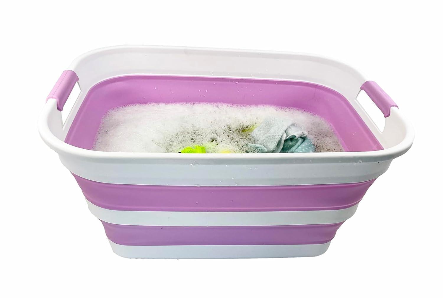SAMMART 27L (7.1 Gallons) Collapsible Plastic Laundry Basket with Dual Grip Handle, White/Pale Purple/White