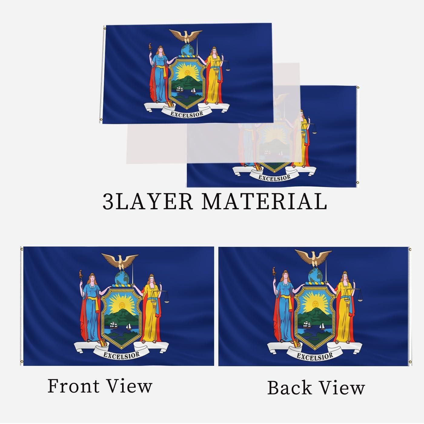New York State Flag Double Sided 3x5 ft, Heavy Duty 3 Ply Durable Polyester, NY Flag with Vibrant Print/4 Rows Hemming/Brass Grommets