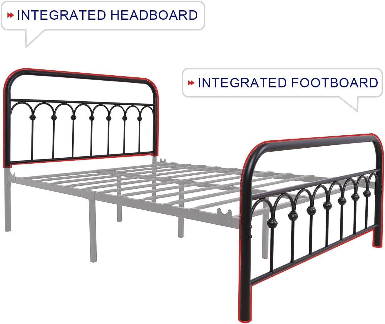 TUSEER Metal Bed Frame Full Size with Vintage Headboard and Footboard Platform Base Wrought Iron (Black)