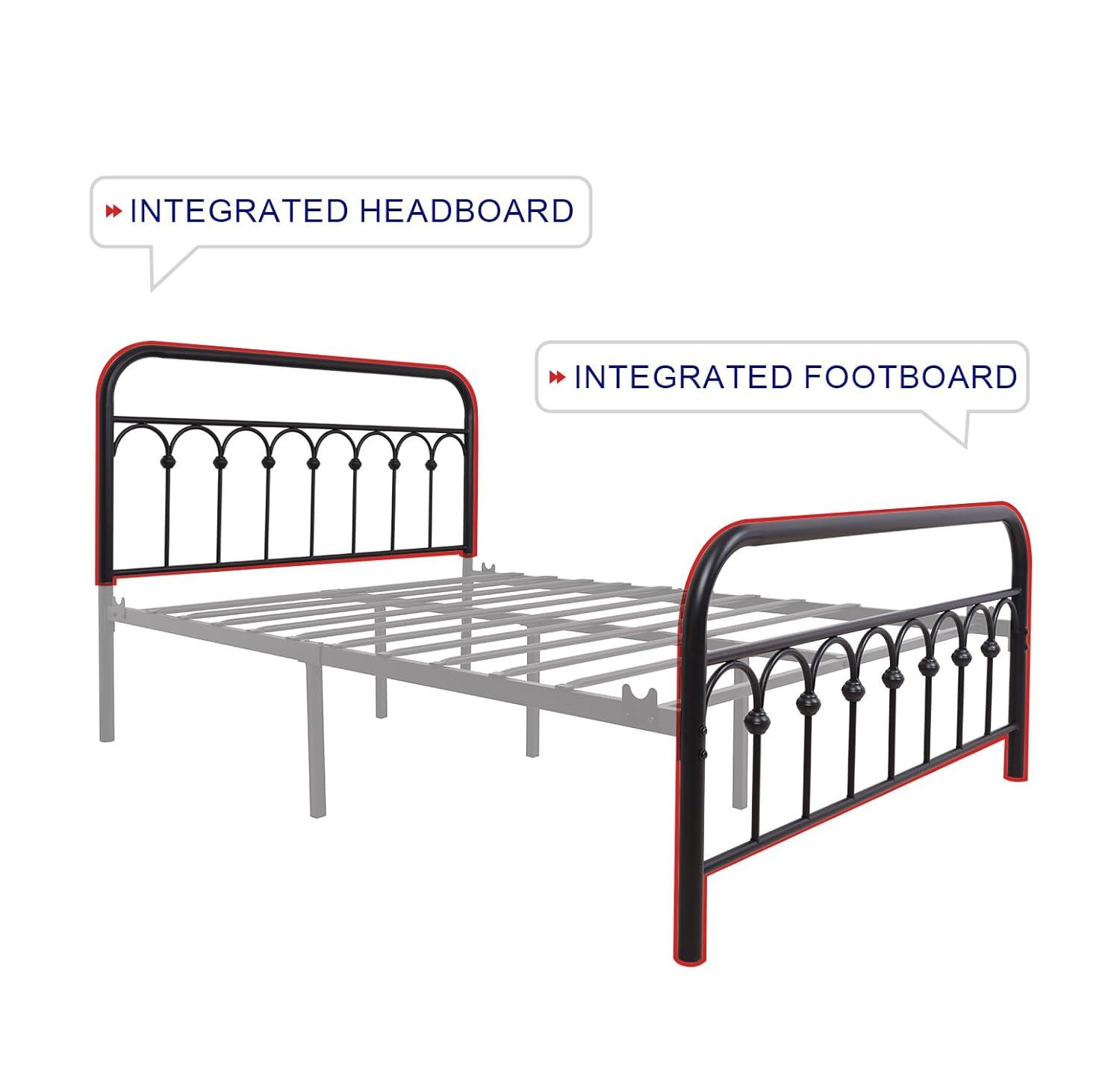 TUSEER Metal Bed Frame Full Size with Vintage Headboard and Footboard Platform Base Wrought Iron (Black)