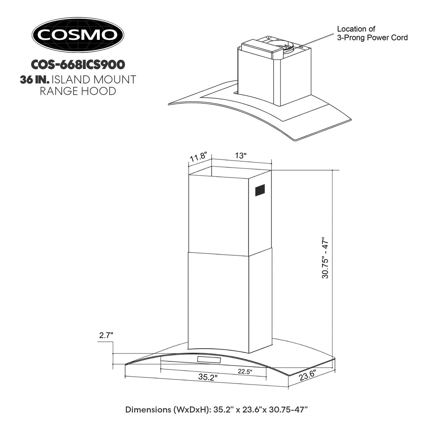Cosmo COS-668ICS900 36 Inch Island Range Hood w/ Touch Controls, Stainless Steel