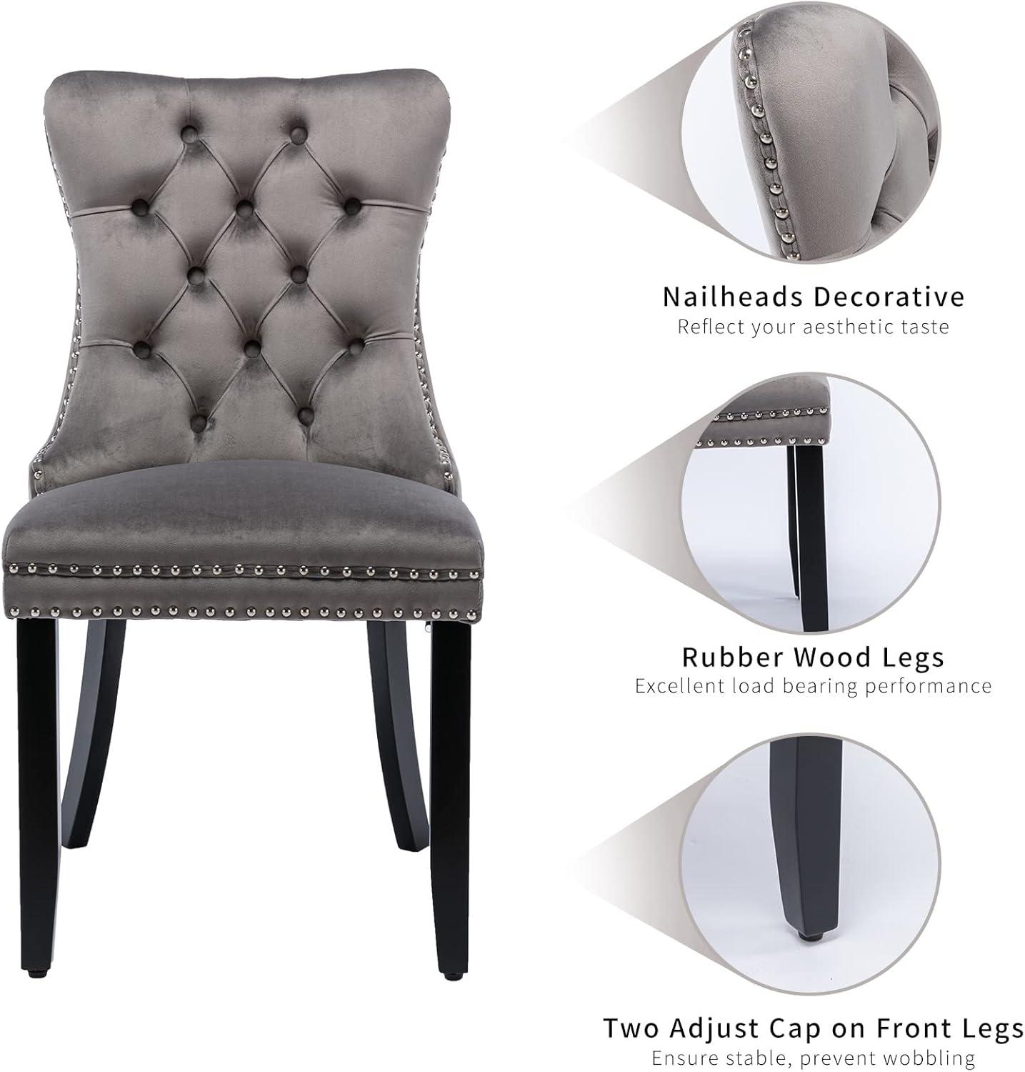 Modern Velvet Upholstered Dining Chairs with Back Button Nailhead Trim Accent Side Chairs with Wood Legs for Kitchen Dining Room(Gray,Set of 4)