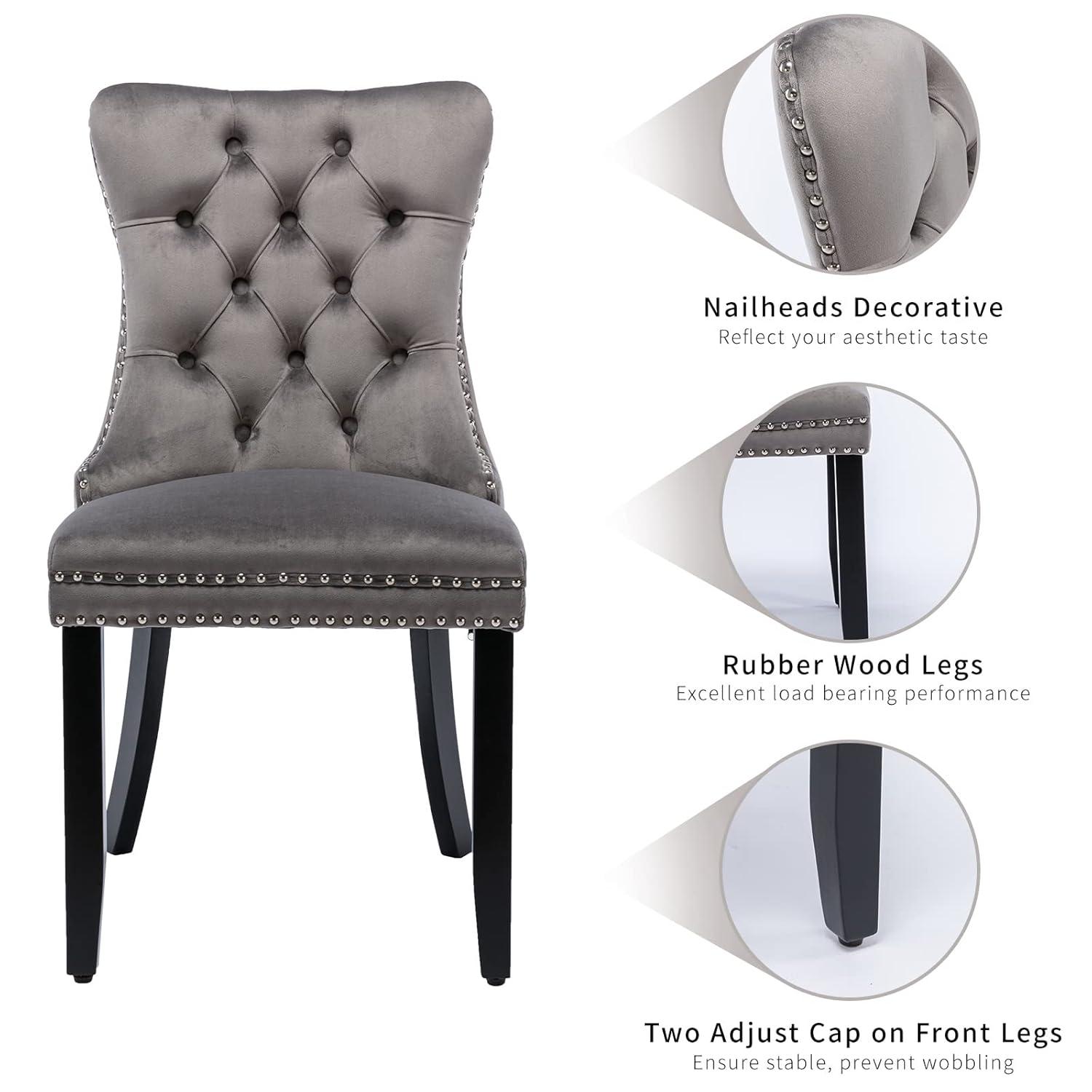 Modern Velvet Upholstered Dining Chairs with Back Button Nailhead Trim Accent Side Chairs with Wood Legs for Kitchen Dining Room(Gray,Set of 4)